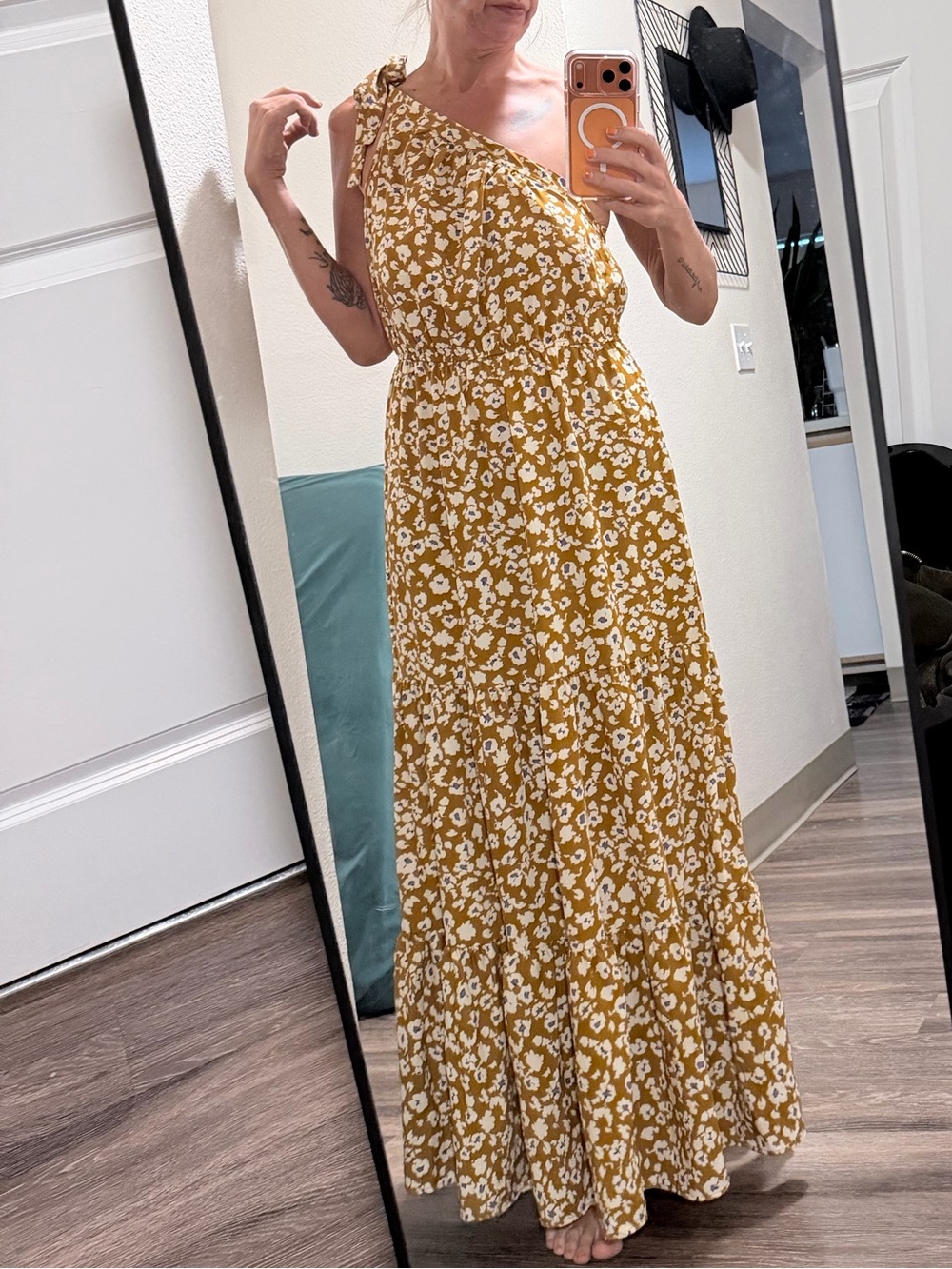 NWT Pretty Garden Summer Floral One Shoulder Maxi Dress Knot Ruffle Boho Medium